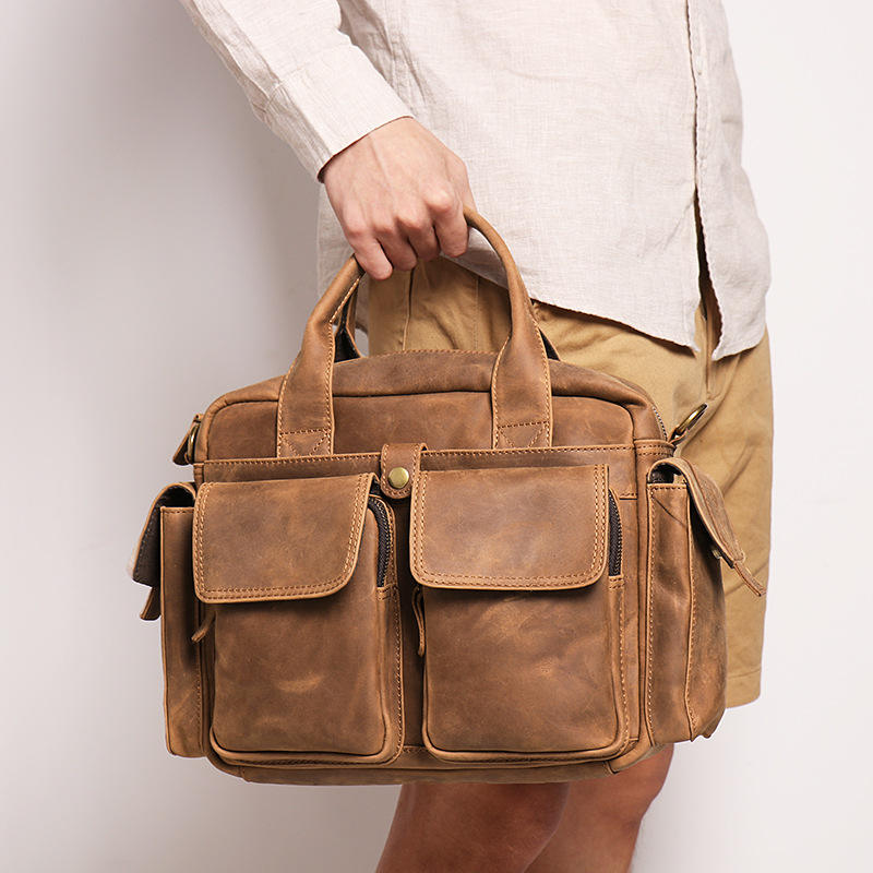 Baulenise Vintage Crazy Horse Leather Briefcase Men Leather Messenger Bag Genuine Leather Laptop Briefcase Bag for Men