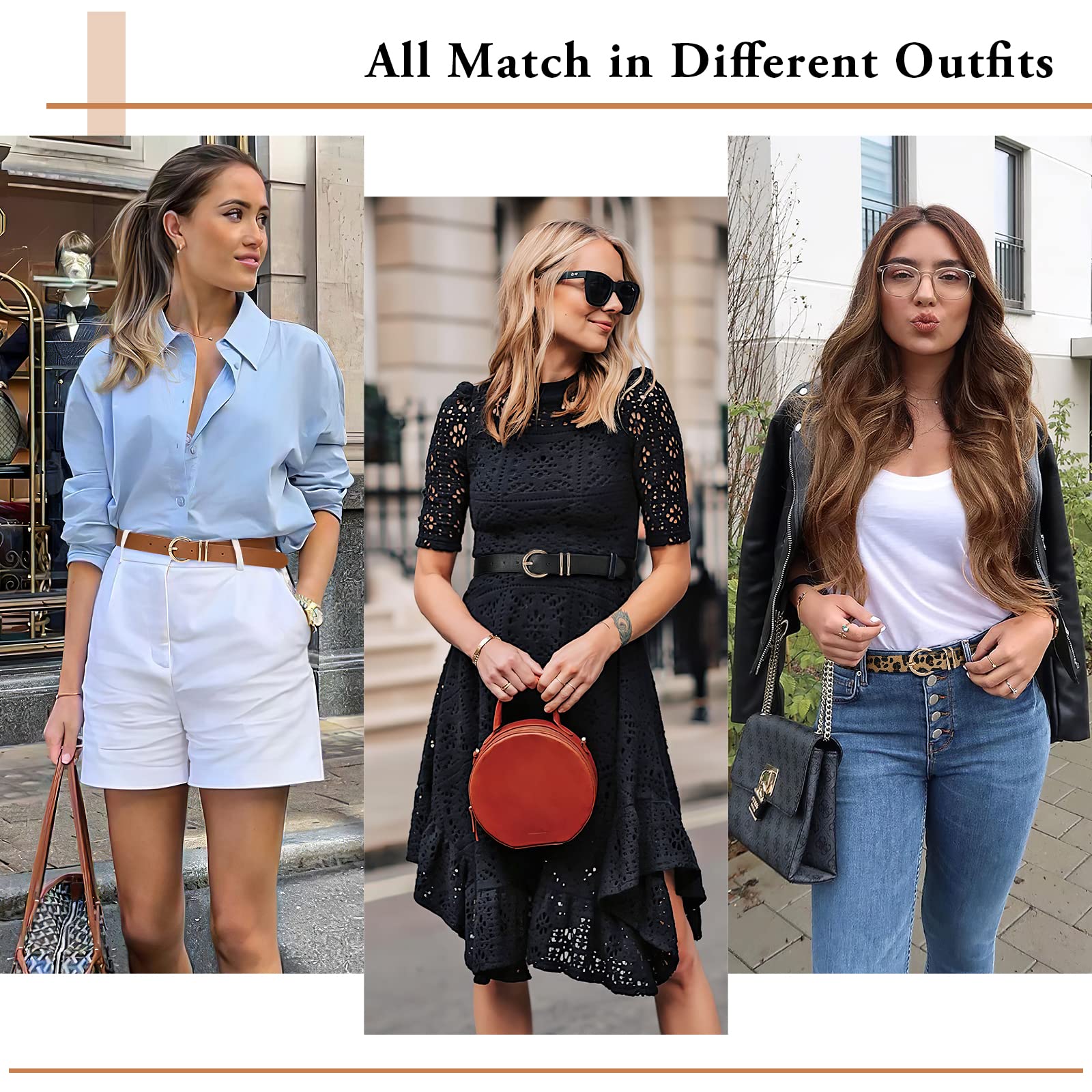 Baulenise 3 Pack Women Belts For Jeans Dresses Pants Ladies Leather Waist Belt with Gold Buckle