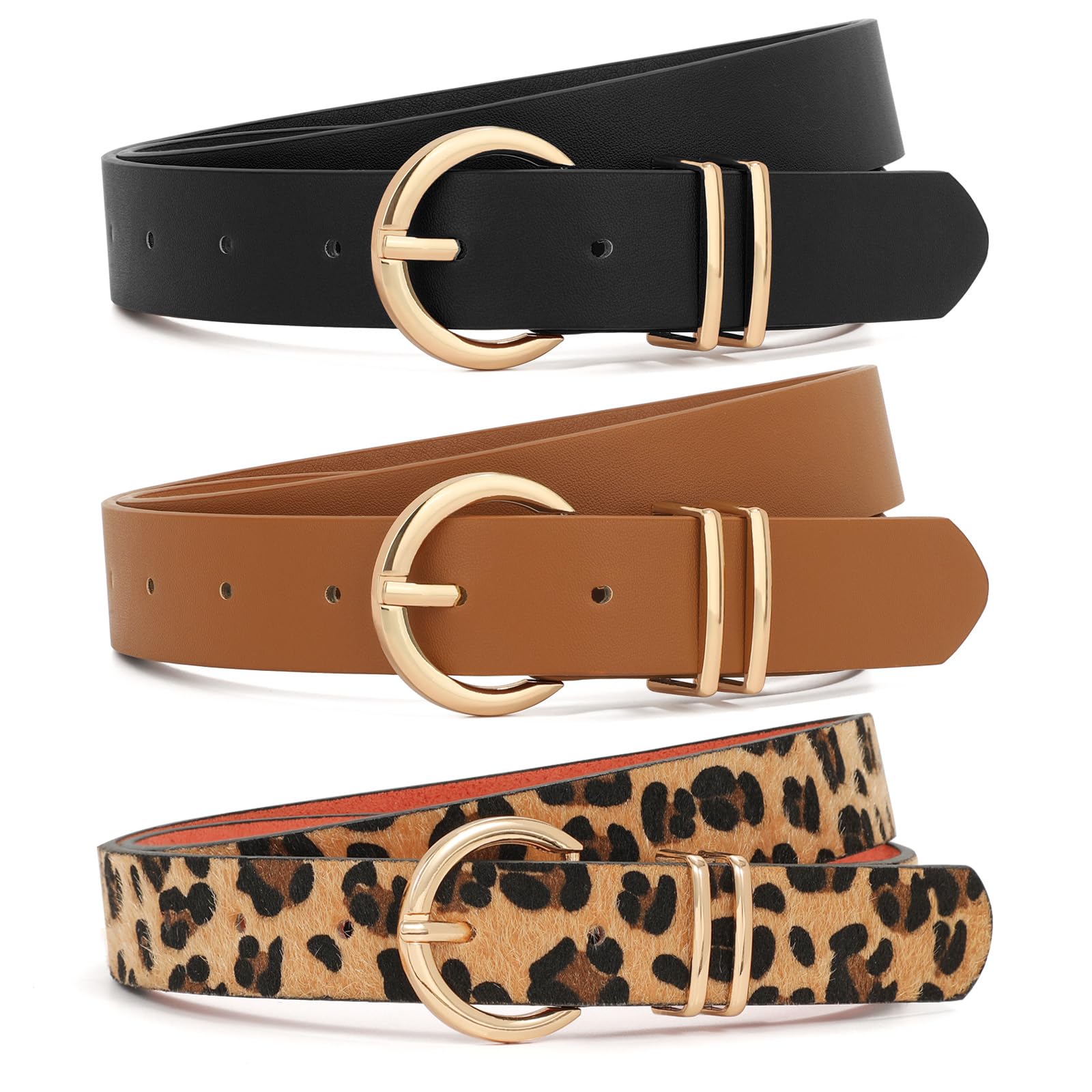 Baulenise 3 Pack Women Belts For Jeans Dresses Pants Ladies Leather Waist Belt with Gold Buckle