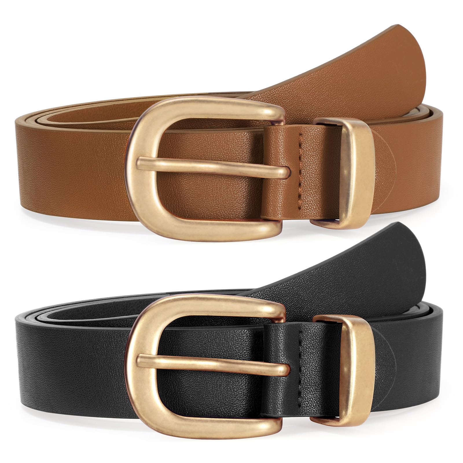 2 Packs Womens Belts for Jeans Ladies Belt for Dresses Fashion Leather Belt with Gold Buckle