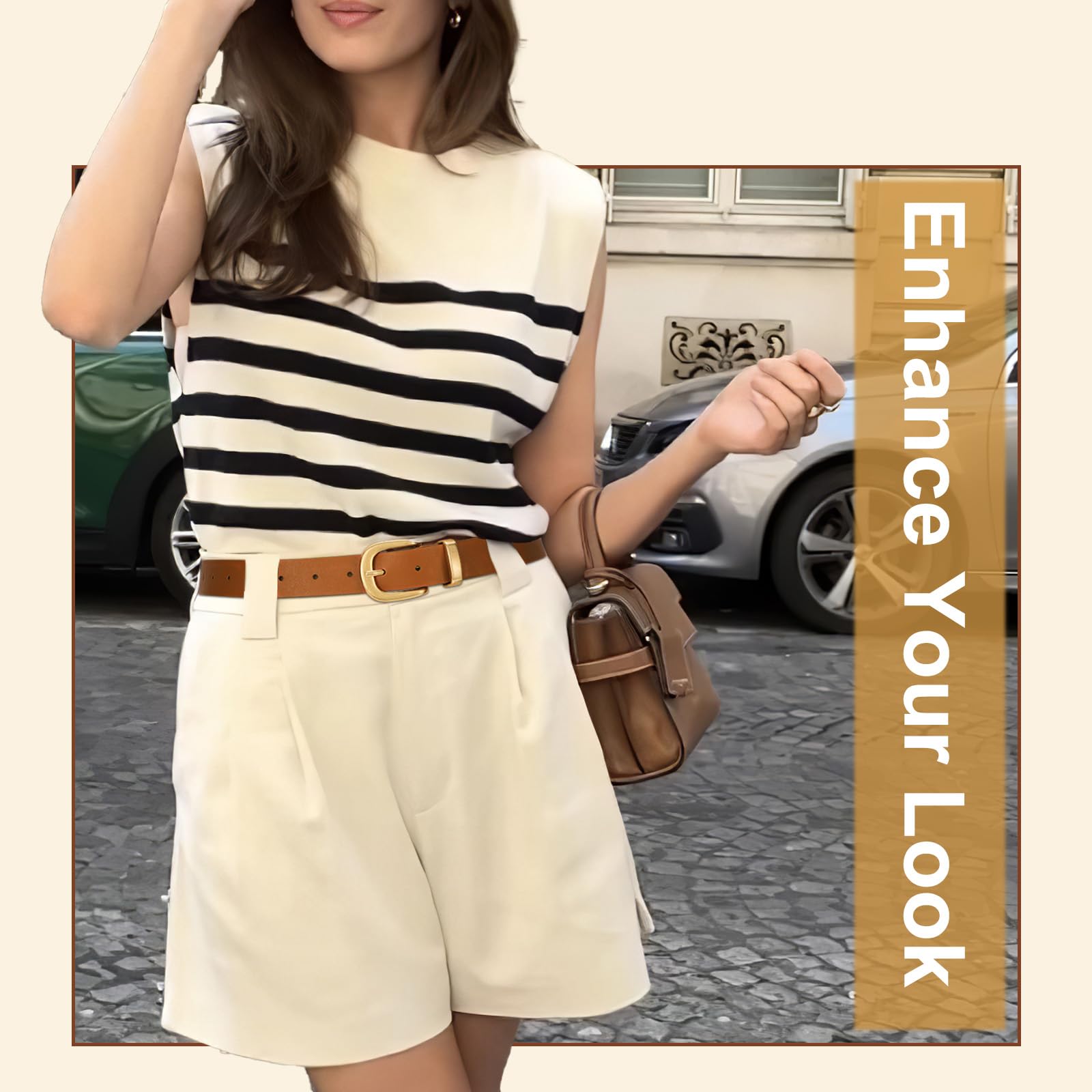 2 Packs Womens Belts for Jeans Ladies Belt for Dresses Fashion Leather Belt with Gold Buckle