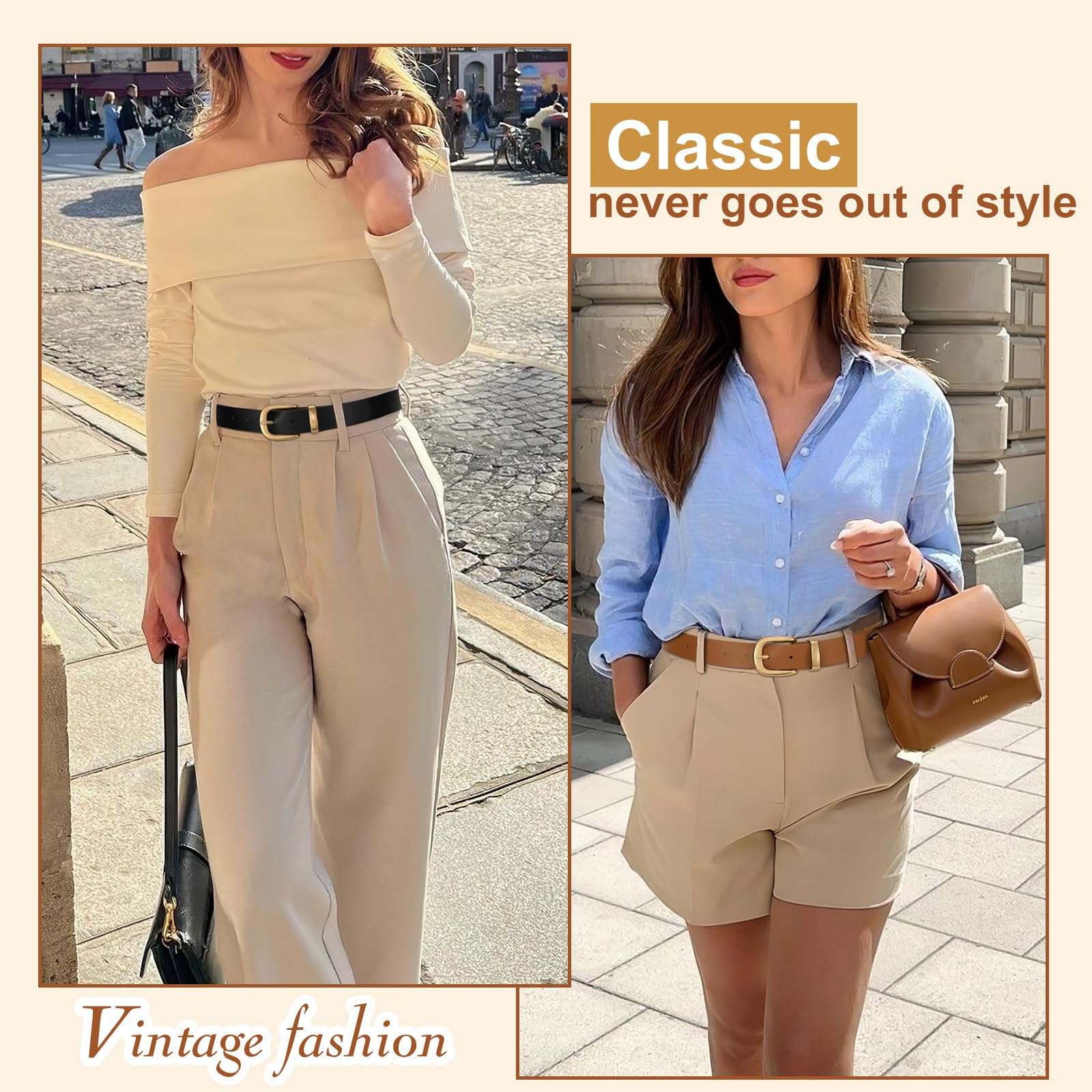 2 Packs Womens Belts for Jeans Ladies Belt for Dresses Fashion Leather Belt with Gold Buckle